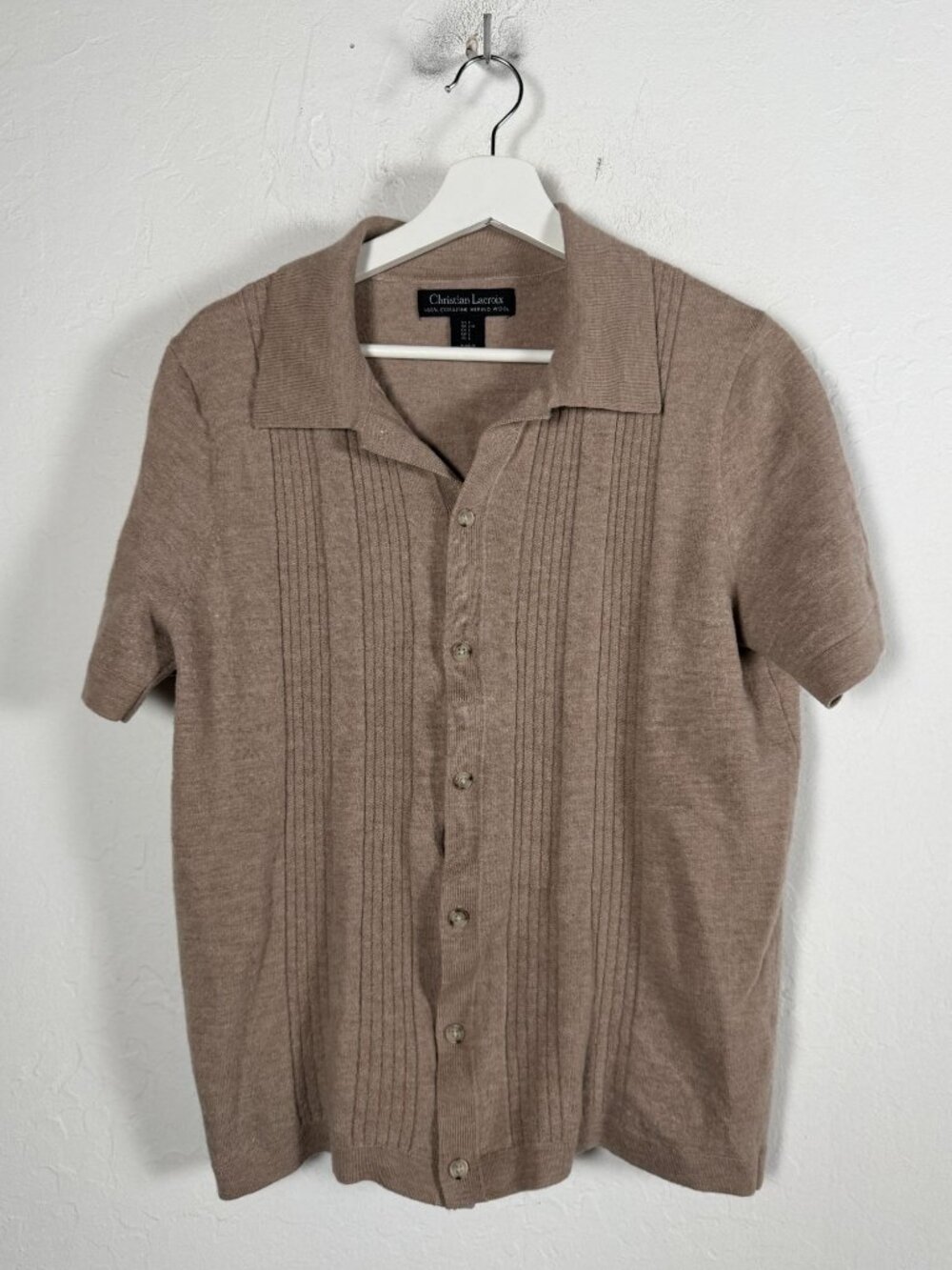 Christian Lacroix Men's Taupe Merino Wool Knit Polo Shirt Short Sleeve Large